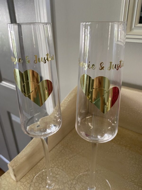 Finished personalized champagne glasses