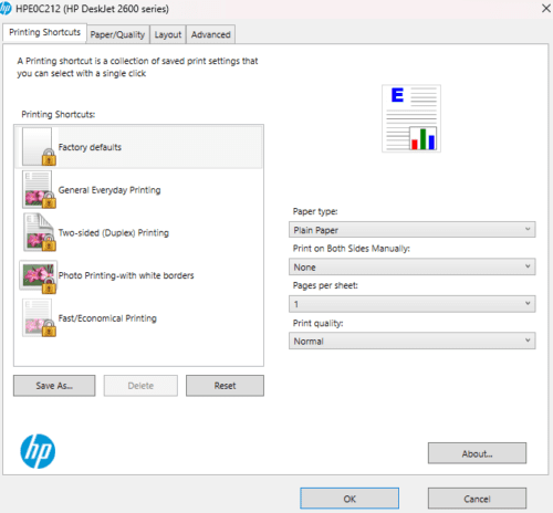 Pic of what the printing preferences looks like when trying to print.