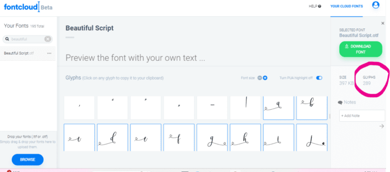 Where to look to see if a font has any glyphs.