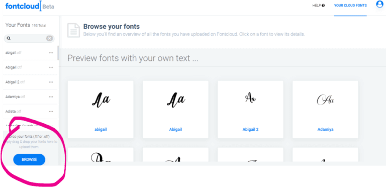 Where to click in FontCloud to "browse" all the fonts you have downloaded.