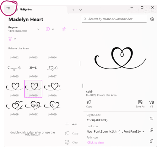 Choosing a glyph in the character map.